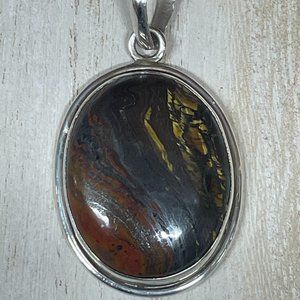 BEAUTIFUL OVAL PENDANT IRON TIGER EYE GEMSTONE IN STERLING SILVER BEZEL FRAME